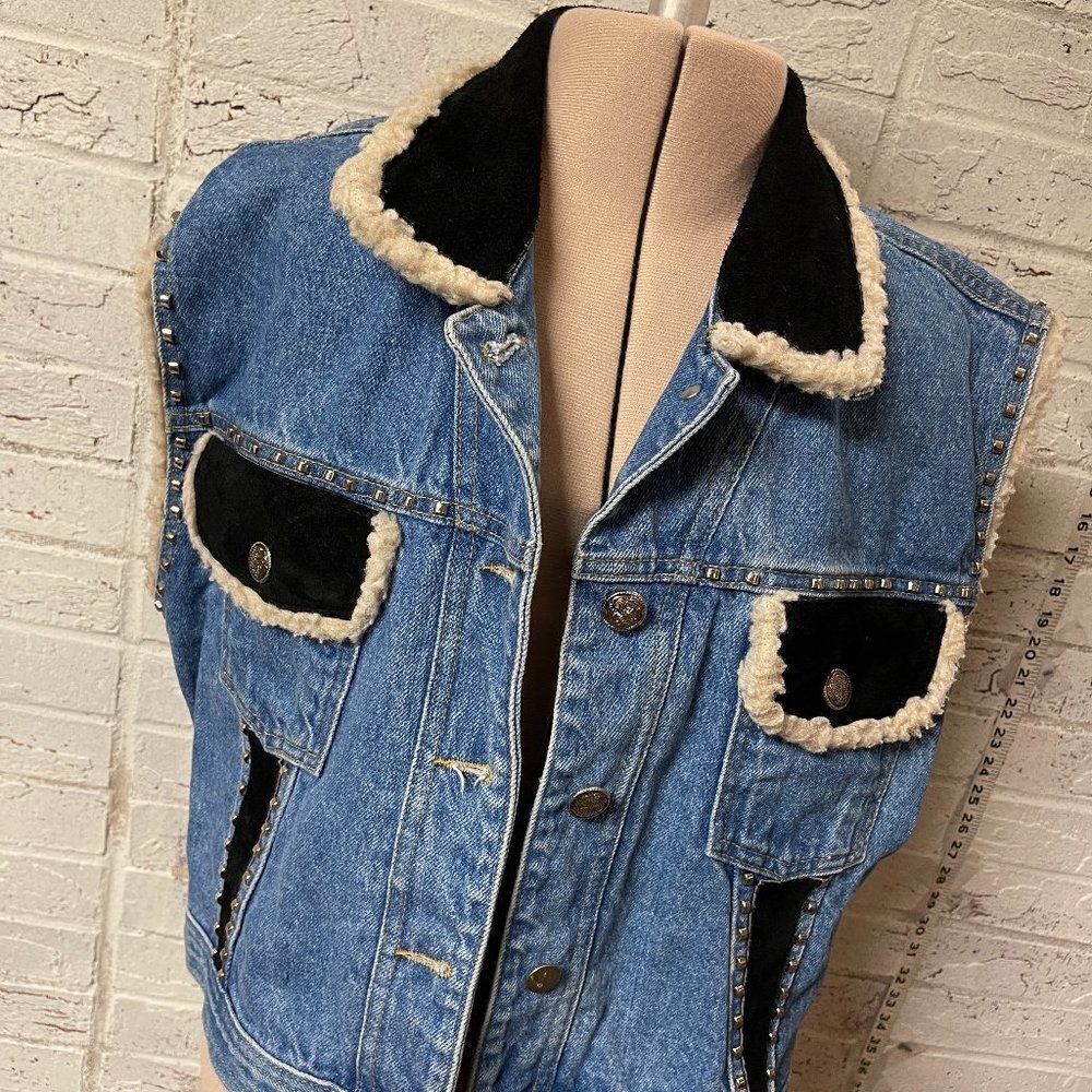 St. Maarten Dallas Vintage 90s Leather Denim Mix Media Studded Biker Vest Size L